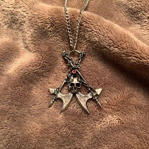 VINTAGE Aged Silver Gothic Skull on Crossed Battle Axes Oversized Necklace